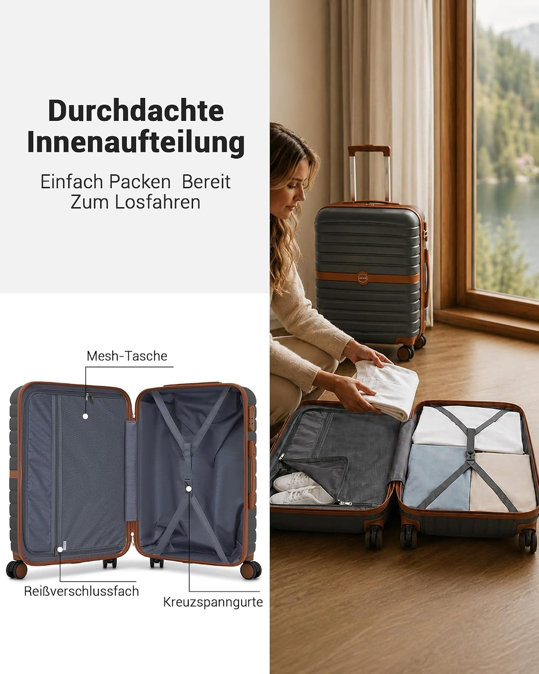 KONO Koffer Reisekoffer Trolley Handgepäck Koffer 55x40x20cm von ABS+PC Hartschalenkoffer mit Zwilli