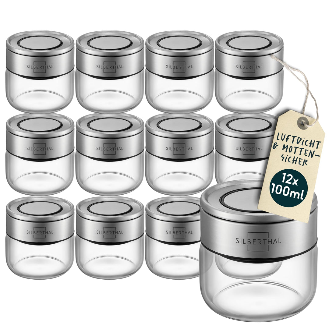 SILBERTHAL Gewürzglas 12er Set 100 ml Rund - mit Klickdeckel stapelbar - Vorratsglas mottensicher fü