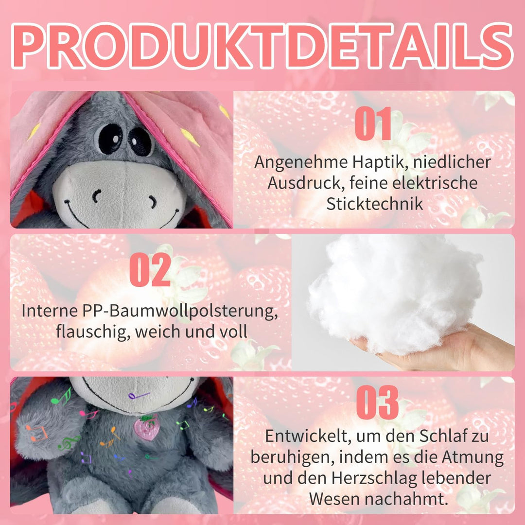 Aohcae Atmendes Kuscheltier Esel, Einschlafhilfe Babys Kuscheltier mit Musik und 4 Beruhigungsmodi,