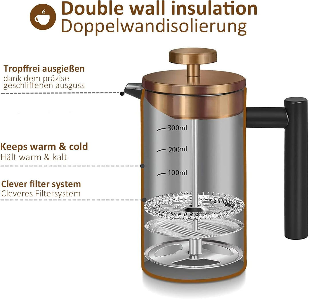 MaxMiuly Kaffeebereiter French Press 0,35 Liter Klein Kaffeezubereiter Doppelwandig Edelstahl Franzö
