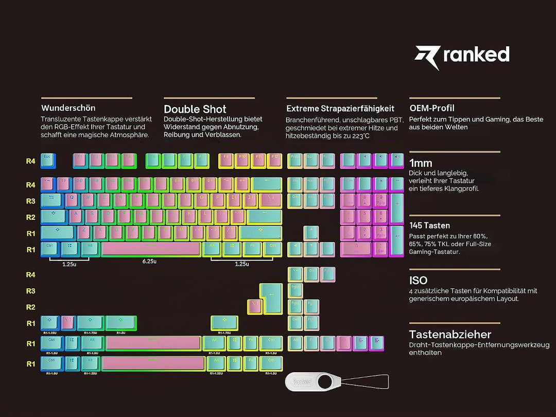 Ranked Pudding v2 PBT-Tastenkappen | 145 Double Shot Transluzent ANSI US- und ISO-Layout | OEM-Profi