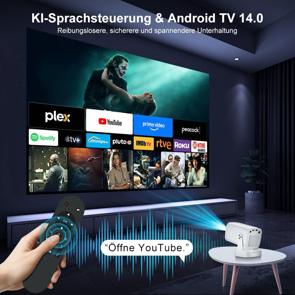 Beamer 4K HY260pro,Mini Beamer heimkino mit WiFi 6 Bluetooth 5.4,1080P Full HD mit Android TV,180° R