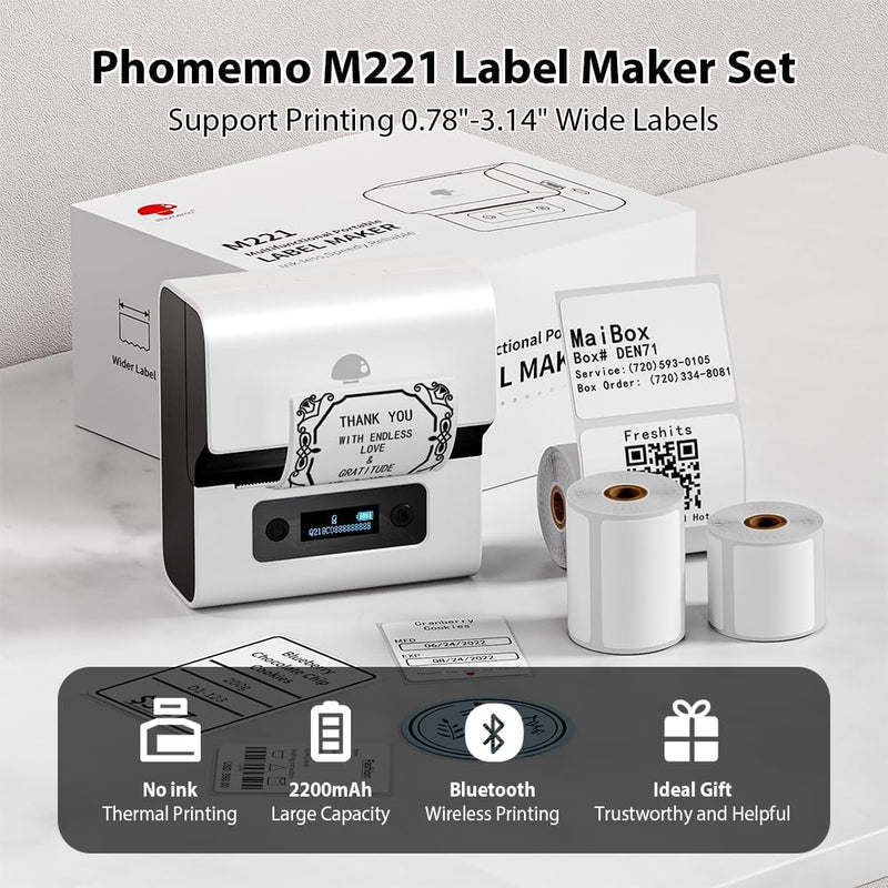 Phomemo M221 Etikettendrucker mit 3 Etikettenrollen - Beschriftungsgerät Selbstklebend Etikettierger
