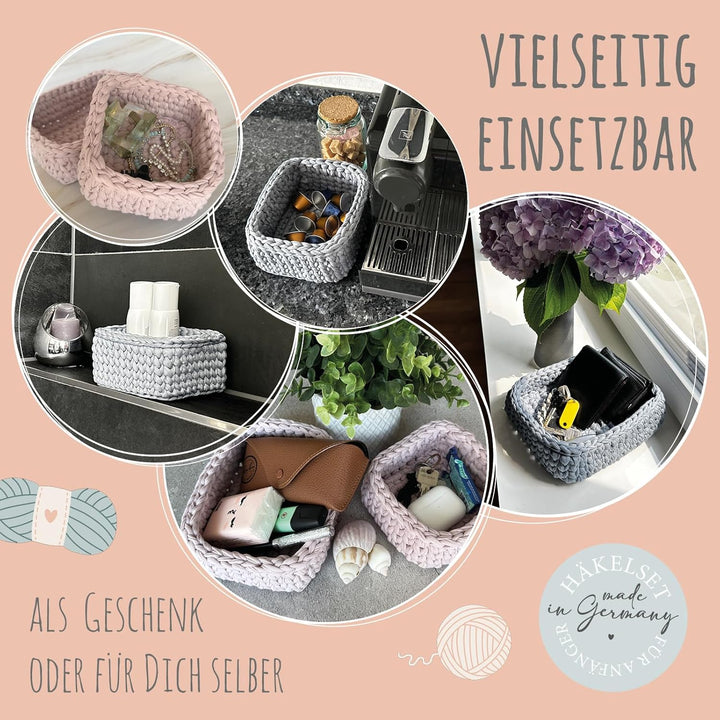 HÄKEL LIESE Häkelset für Anfänger - Kleiner Korb, Textilgarn, Crochet Set, DIY Set für Erwachsene, K