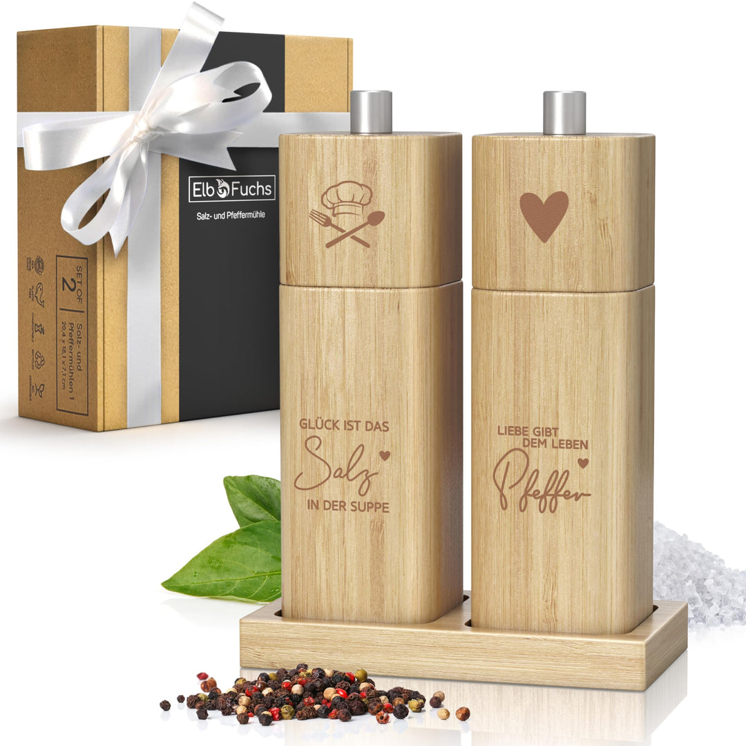 ELBFUCHS® Salz und Pfeffermühle Holz Gross [NEU] Liebevolles 2-er Set Pfeffer und Salzmühle mit Kera