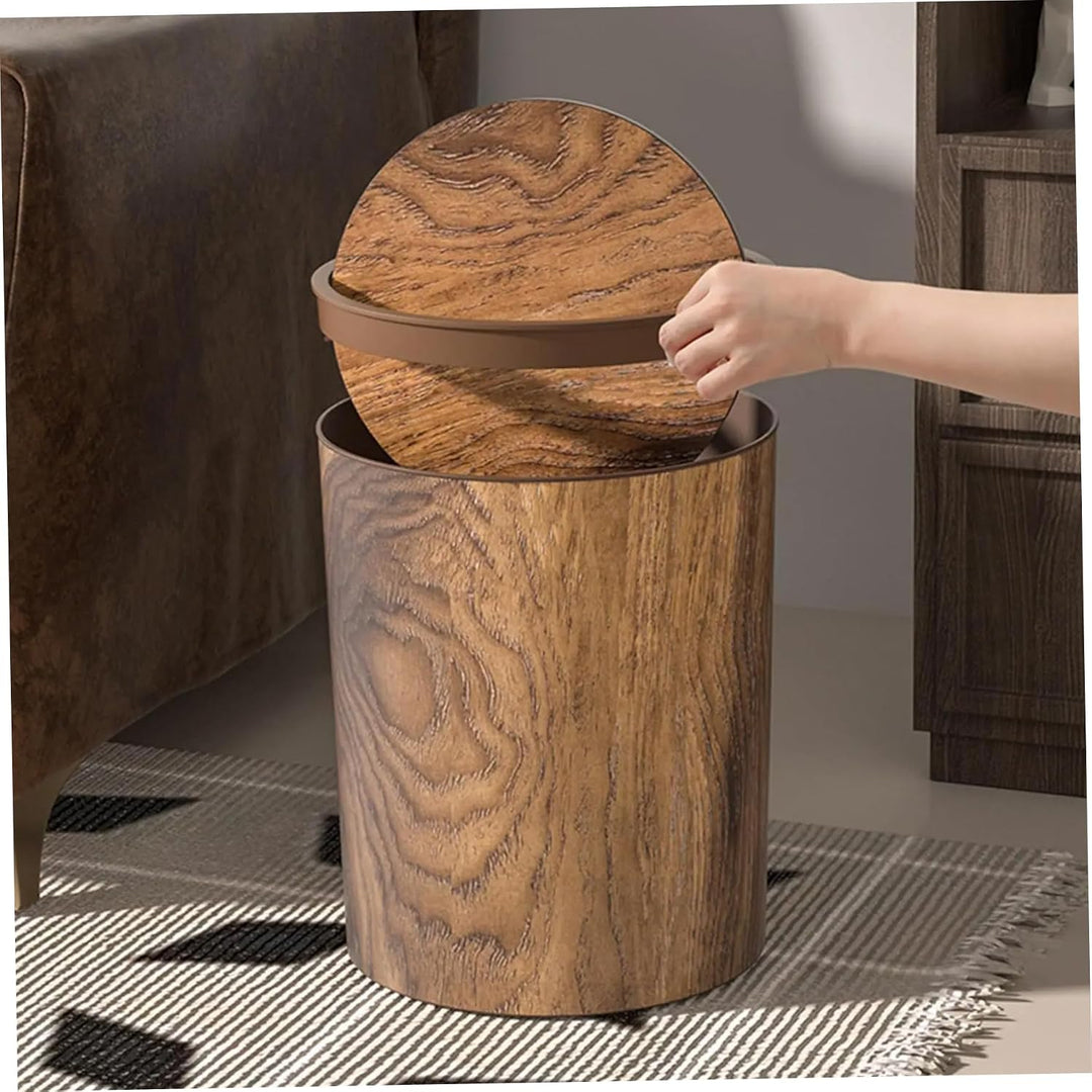 Retro-Mülleimer, Holzmaserung, kleiner Mülleimer mit Schwingdeckel, runder, wiederverwendbarer Abfal