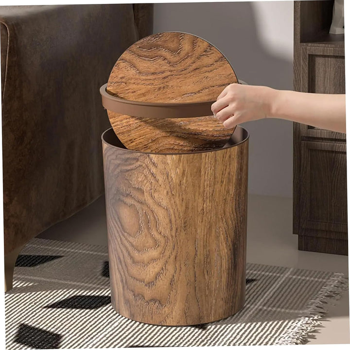 Retro-Mülleimer, Holzmaserung, kleiner Mülleimer mit Schwingdeckel, runder, wiederverwendbarer Abfal