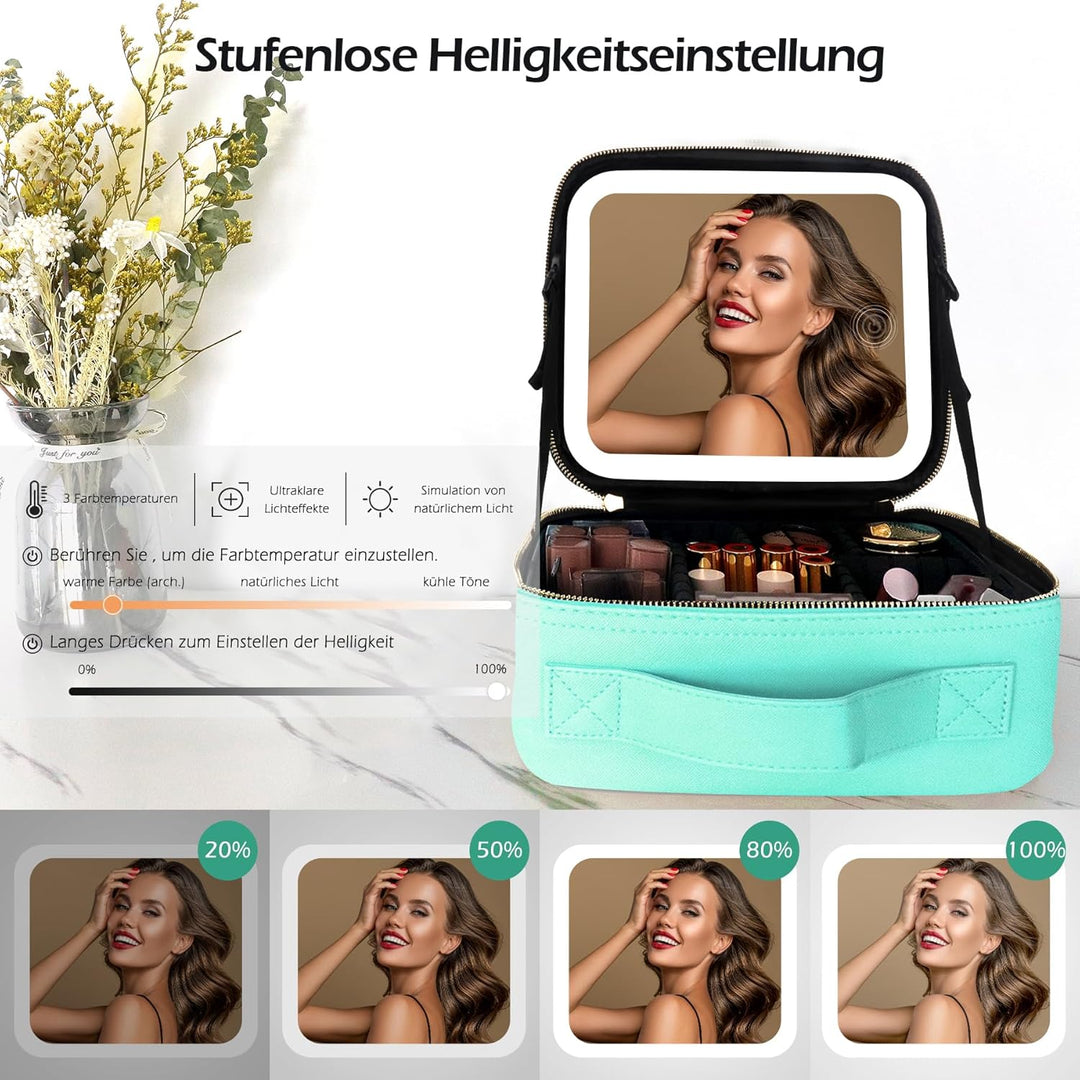 MOMIRA Reise-Make-up-Tasche Kosmetiktasche mit beleuchtetem Spiegel, Einstellbarer Helligkeit in 3 F