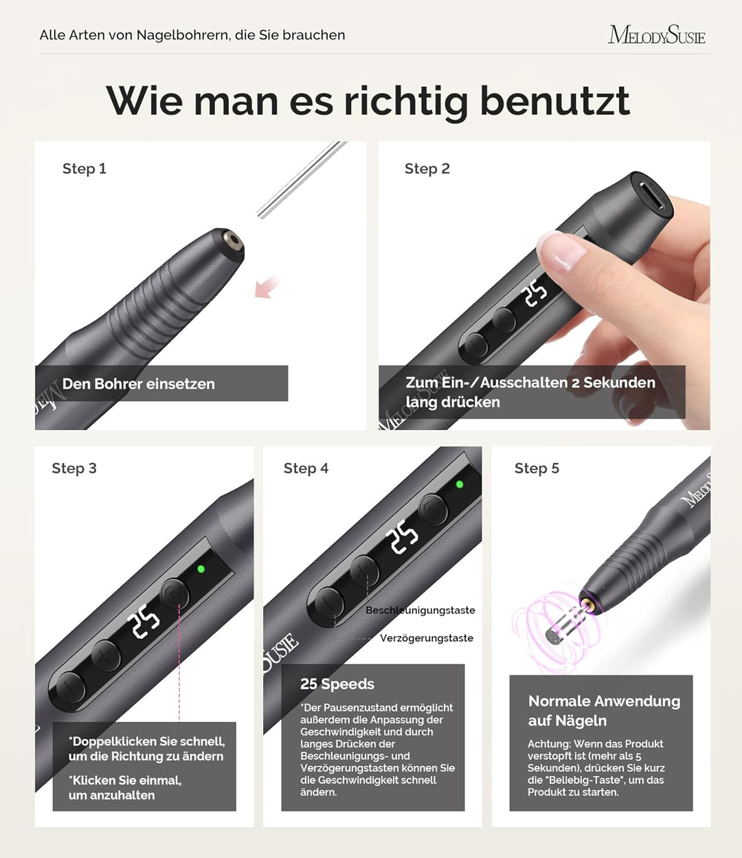 MelodySusie Kabellos Nagelfräser für Gelnägel, Elektrische Nagelfeile 25000 u/min, PC180G Profession