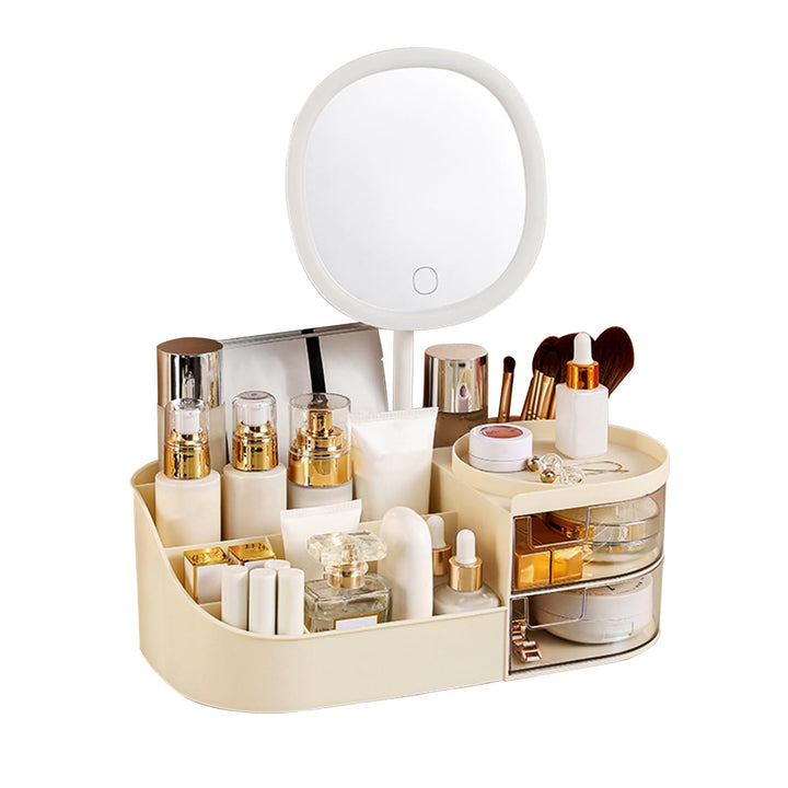 DASITON Make up Organizer mit Spiegel,Make up Pinselhalter mit 2 Schubladen,Multifunktionale Makeup