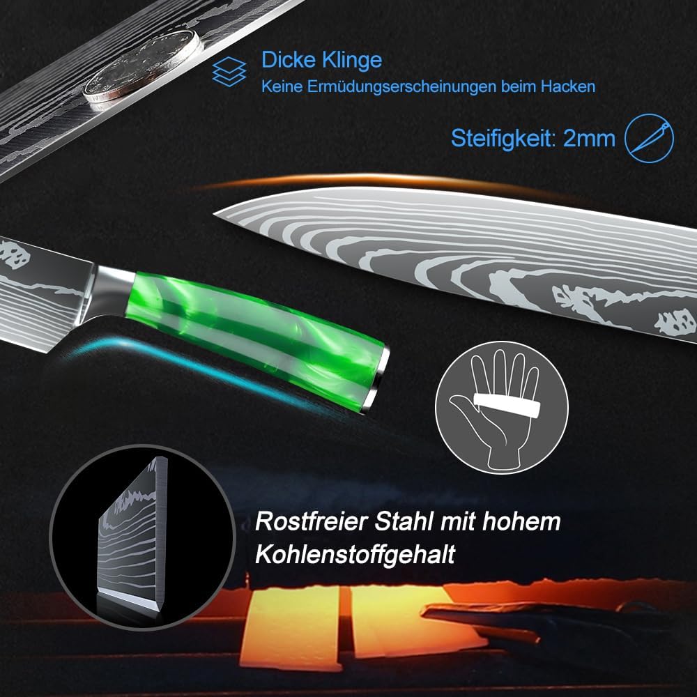 KEPEAK Messerset 8 - tlg Küchenmesser Set aus Hochwertigem Carbon Edelstahl, Ultra Scharf mit Brotme