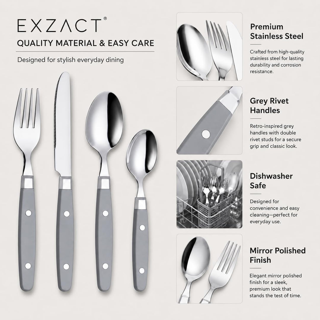 EXZACT Besteckset 24-teilig Edelstahl - mit Niet-Bastelgriffen/Besteck im Retro-Stil - 6 x Essgabeln