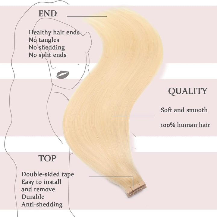 HotLulana Tape Extensions Echthaar Gebleichtes Blond(#613) Extensions Echthaar 16zoll/40cm 40g Invis