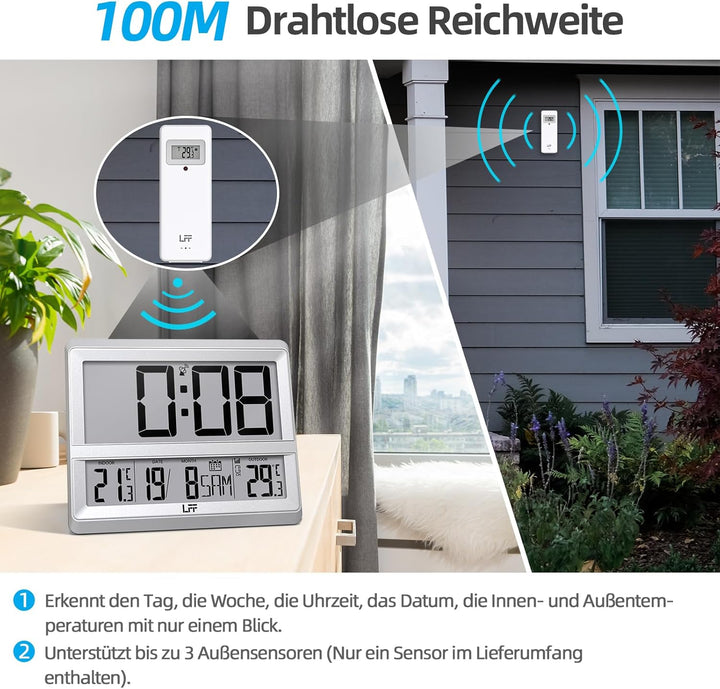 Atomuhr mit Grossem Display, Digitale Wanduhr mit Temperatur Datum Innen Aussen, Drahtloser Aussense