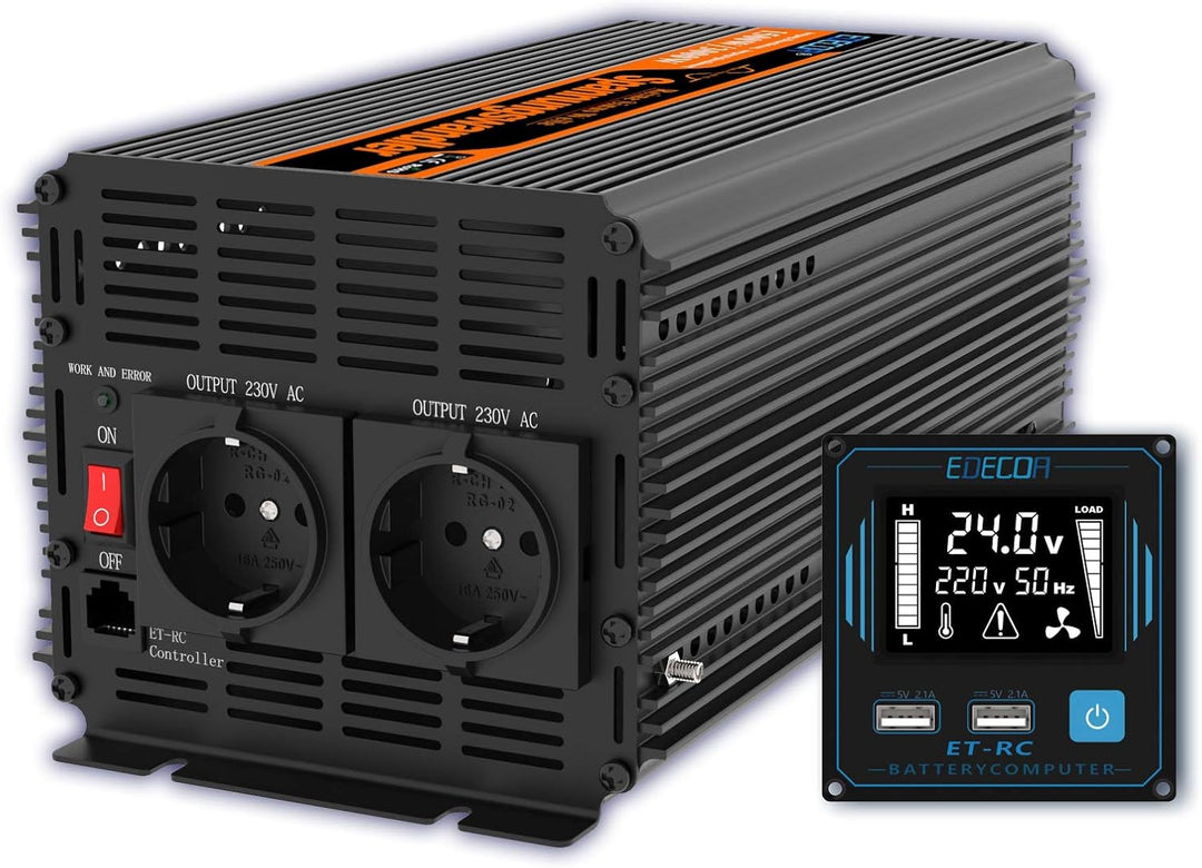 EDECOA Spannungswandler 24v 230v Wechselrichter Reiner Sinus 1500w 24V 230V LCD Konverter 24v auf 23