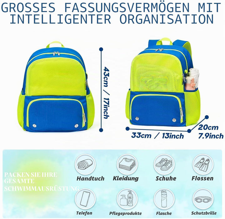 WAWSAM Schwimm Rucksack für Kinder mit Schuhfach und Trocken- und Nasstrennung Blau &amp; Grün, Blau &amp; G