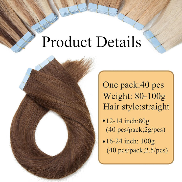 SEGO 40 Stück Tape in Extensions Echthaar 2.5g/pcs Klebeband Haarverlängerung 100% Remy Human Haar H
