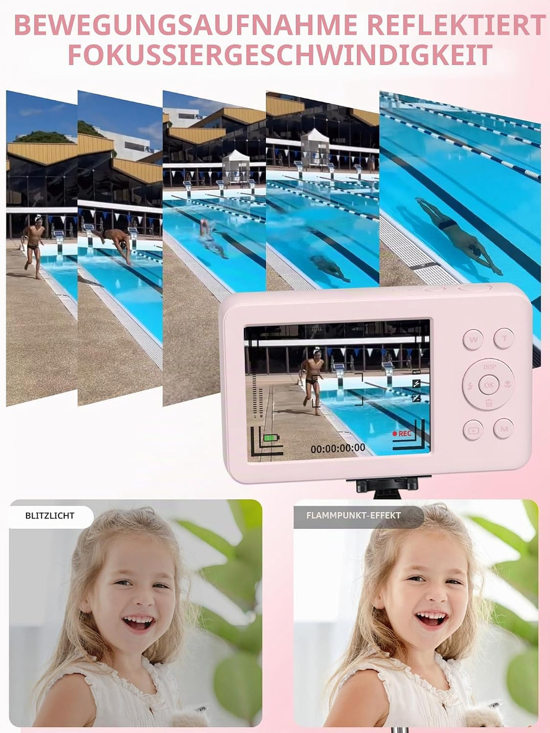 MUTRAIN Slide Open Digital Point and Shoot Kamera mit Spiegel, 1080P Fotografie Praxis, Pink, X10, 3