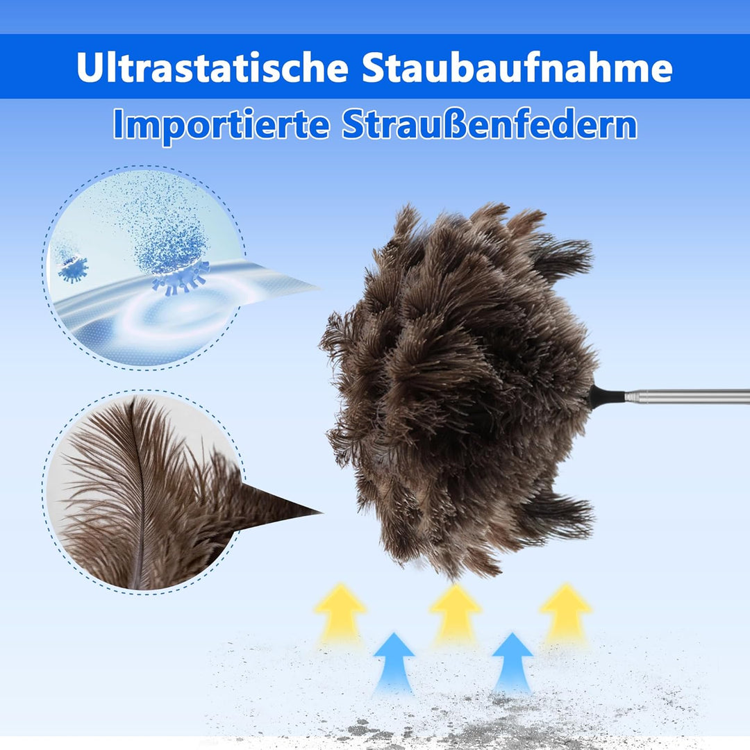 Staubwedel Straussenfedern mit 120 cm Teleskopstiel – Staubwedel lang ausziehbar, antistatisch & kra