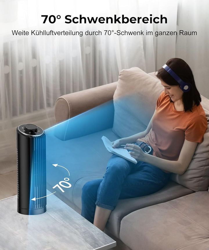 Tischventilator Klein Turmventilator 33cm ventilator leise mit 3 Geschwindigkeiten, 70°Oszillierende