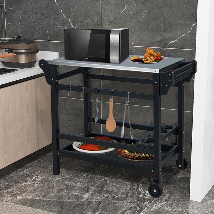 KOMFOTTEU Grillwagen Grilltisch mit Edelstahl Arbeitsplatte, Garten Rollwagen aus HDPE, Servierwagen