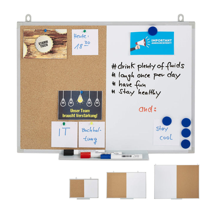 Relaxdays Kombitafel 2 in 1, Kork Pinnwand &amp; Magnettafel, Aluminiumrahmen, Kombiboard mit Ablage, 45