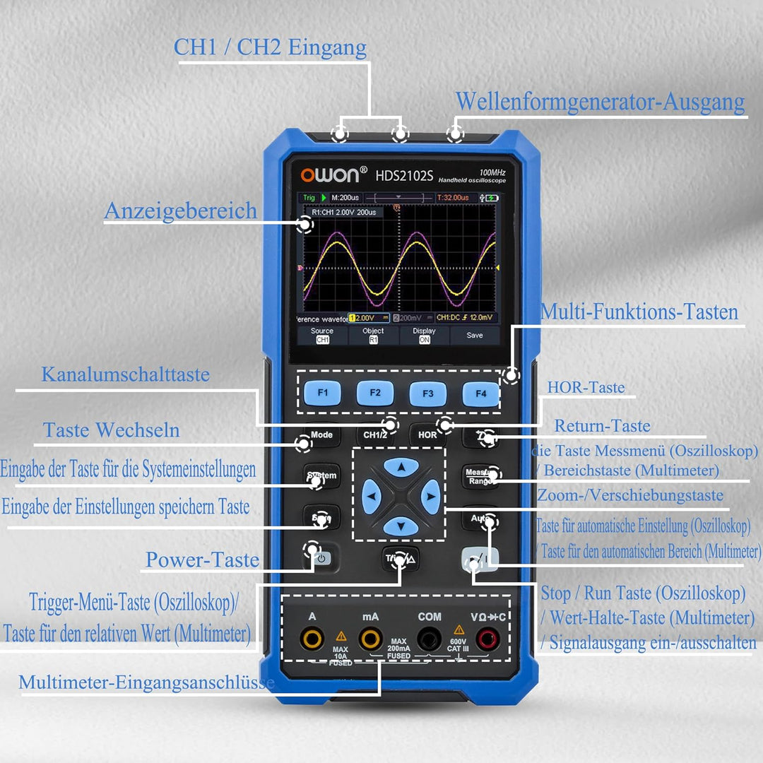 HDS2102S OWON Oszilloskop 3 in 1 Doppelkanäle + 1 CH Signalquelle Handheld Digitales Oszilloskop mit