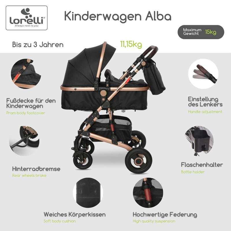 Lorelli Kinderwagen Alba 2 in 1 mit Liegeposition, Kombikinderwagen, Baby Buggy klein zusammenklappb