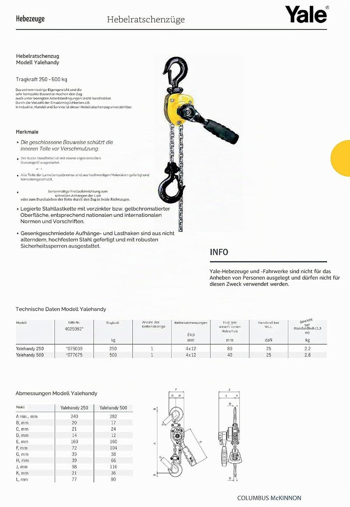 Yale Handy Ratschenhebel, 1.5m, 1 250kg 1,5 m, 250kg 1,5 m