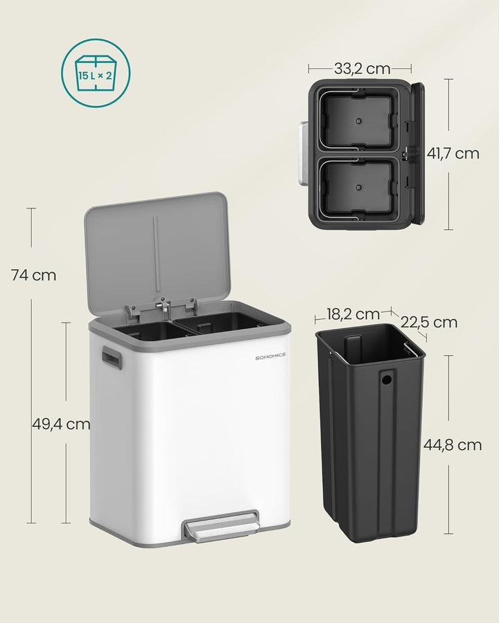 SONGMICS Mülleimer Küche, Mülltrennsystem 2 x 15 L, 2 Fächer für Recycling und Restmüll, Abfalleimer
