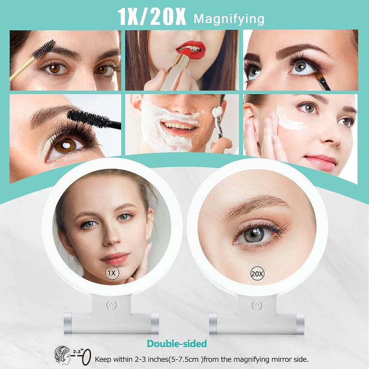 B Beauty Planet Vergrösserungsspiegel mit Licht, 20-fache/1-fach Doppelseitige Tischspiegel,3 Farbli