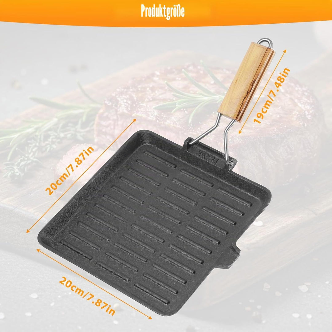 COZHEYSS Steakpfanne Gusseisen Grillpfanne Klappbarer Holzgriff, 24×24cm Grill Pan Induktion Viereck