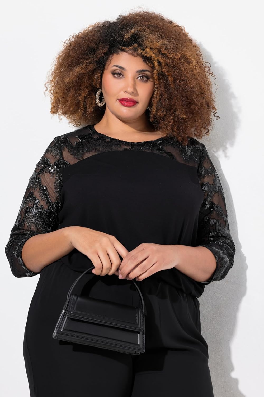 Ulla Popken Damen Shirtbluse mit Paillettenbesatz Bluse 50-52 Grosse Grössen Schwarz, 50-52 Grosse G