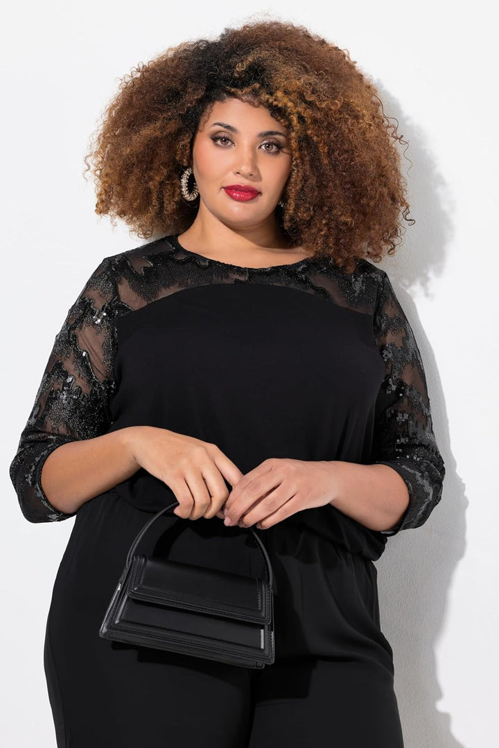 Ulla Popken Damen Shirtbluse mit Paillettenbesatz Bluse 50-52 Grosse Grössen Schwarz, 50-52 Grosse G
