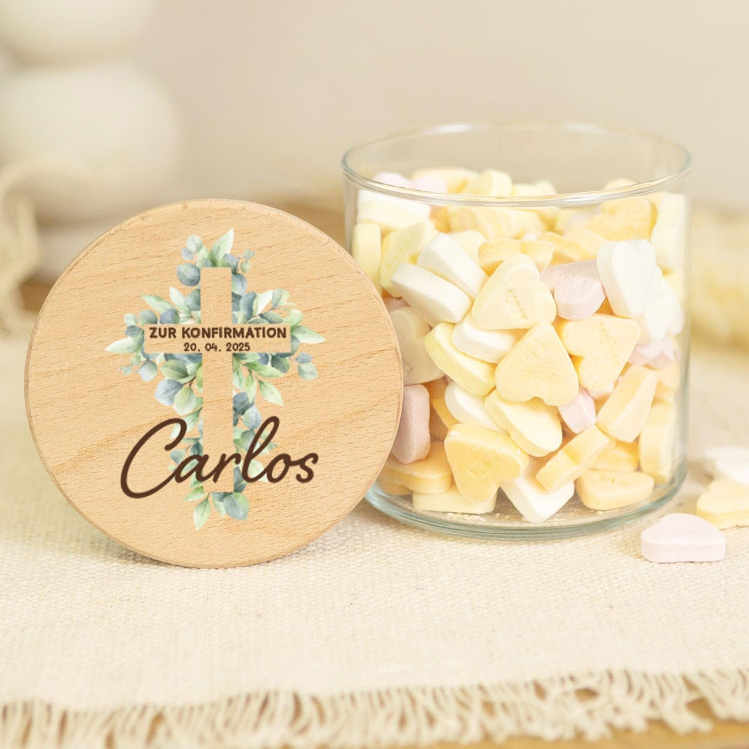 GRAVURZEILE Vorratsglas mit bedrucktem Holzdeckel - Konfirmation Kreuz - Personalisiert mit Name & D
