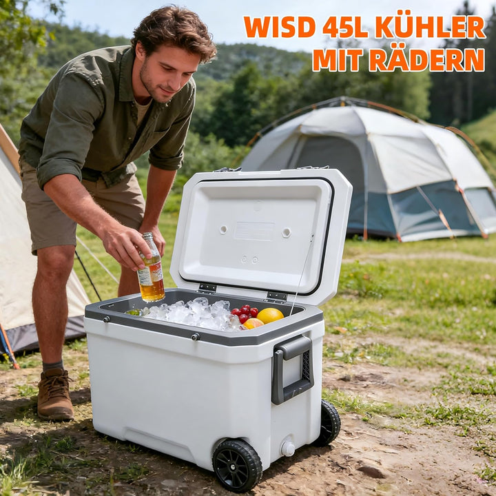 WISD 45L Kühlbox mit Rollen und Griff – Grosse Camping Kühlbox mit Metallverschlüssen & Ablaufstopfe