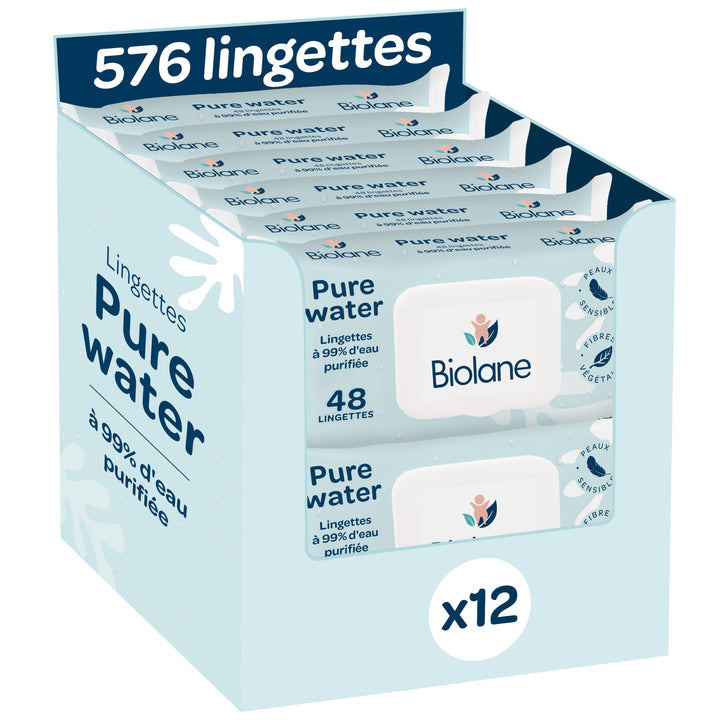 BIOLANE - Baby-Feuchttücher mit 99,9% Wasser - Pure Water - Packung mit 12 x 48 (576 Feuchttücher) -