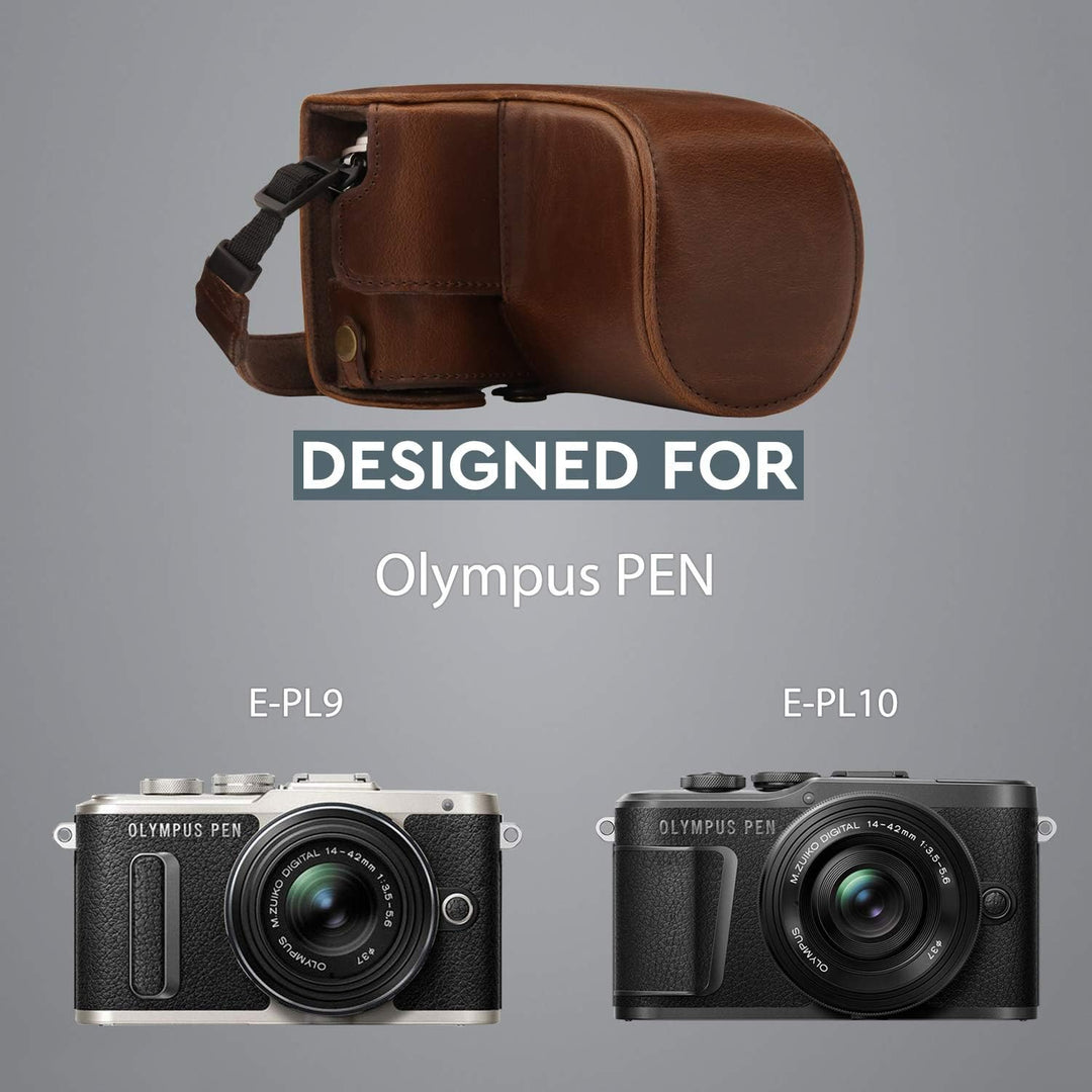 MegaGear MG1452 Olympus PEN E-PL9 (14-42mm) Ever Ready Leder Kamera-Case mit Trageriemen – Dunkelbra
