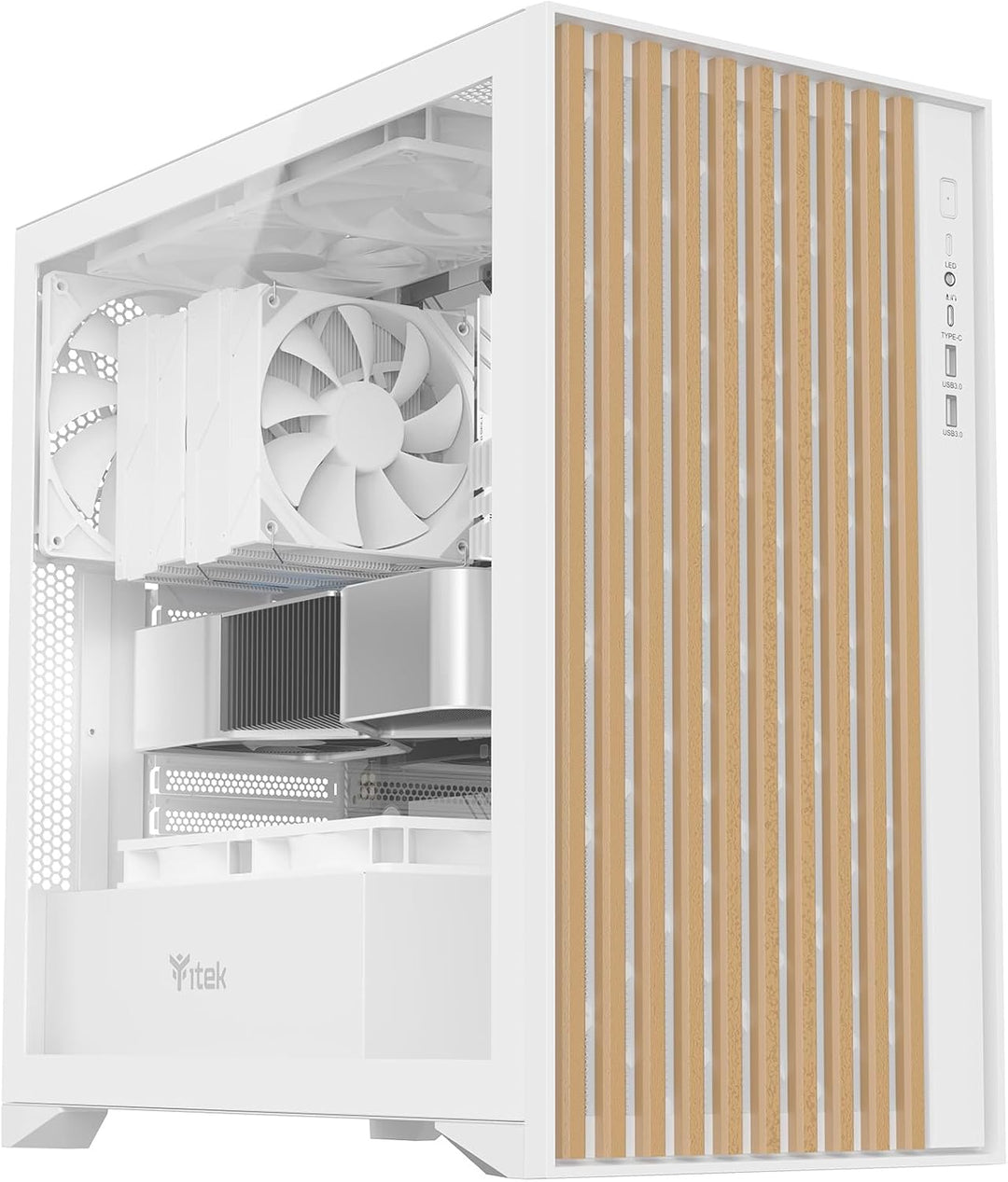 Itek Case Woody - Gaming Tower, ATX, 3x14cm White Fan, 2xUSB3, Type-C, Wood Front, Temp Glass Side P