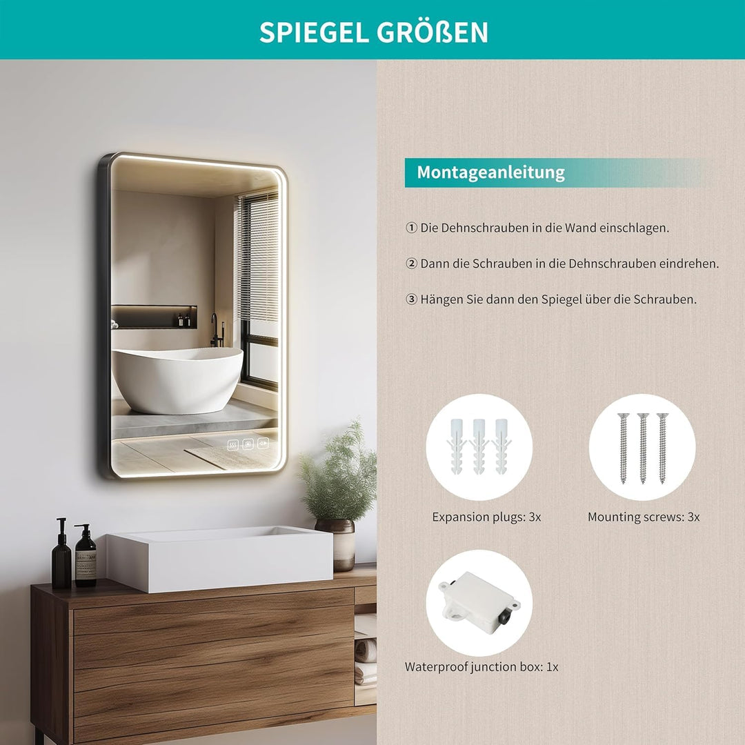 LED Badspiegel 50x70 cm mit Frontbeleuchtung, 3 Lichtfarben dimmbar, Touch-Schalter, Anti-Beschlag &