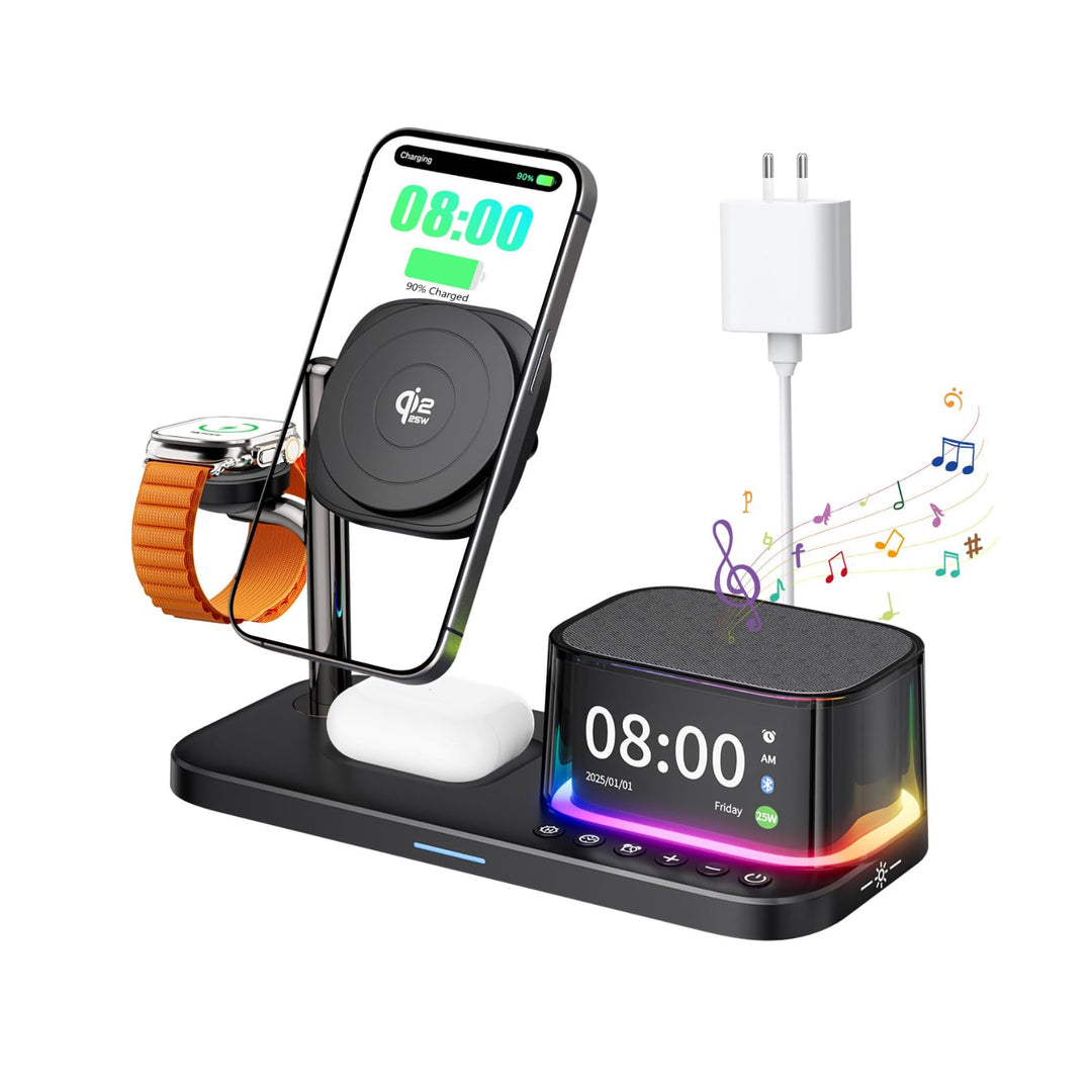 7-in-1 kabelloses Ladegerät, Bluetooth-Lautsprecher mit Wecker, 25W Handy-Schnellladung, Stimmungsli