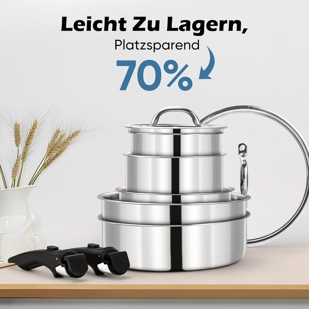 Joyfair Topfset, 9-Teilig Edelstahl Pfannenset mit Abnehmbarer Griff, Stapelbar Induktion Topfsets m