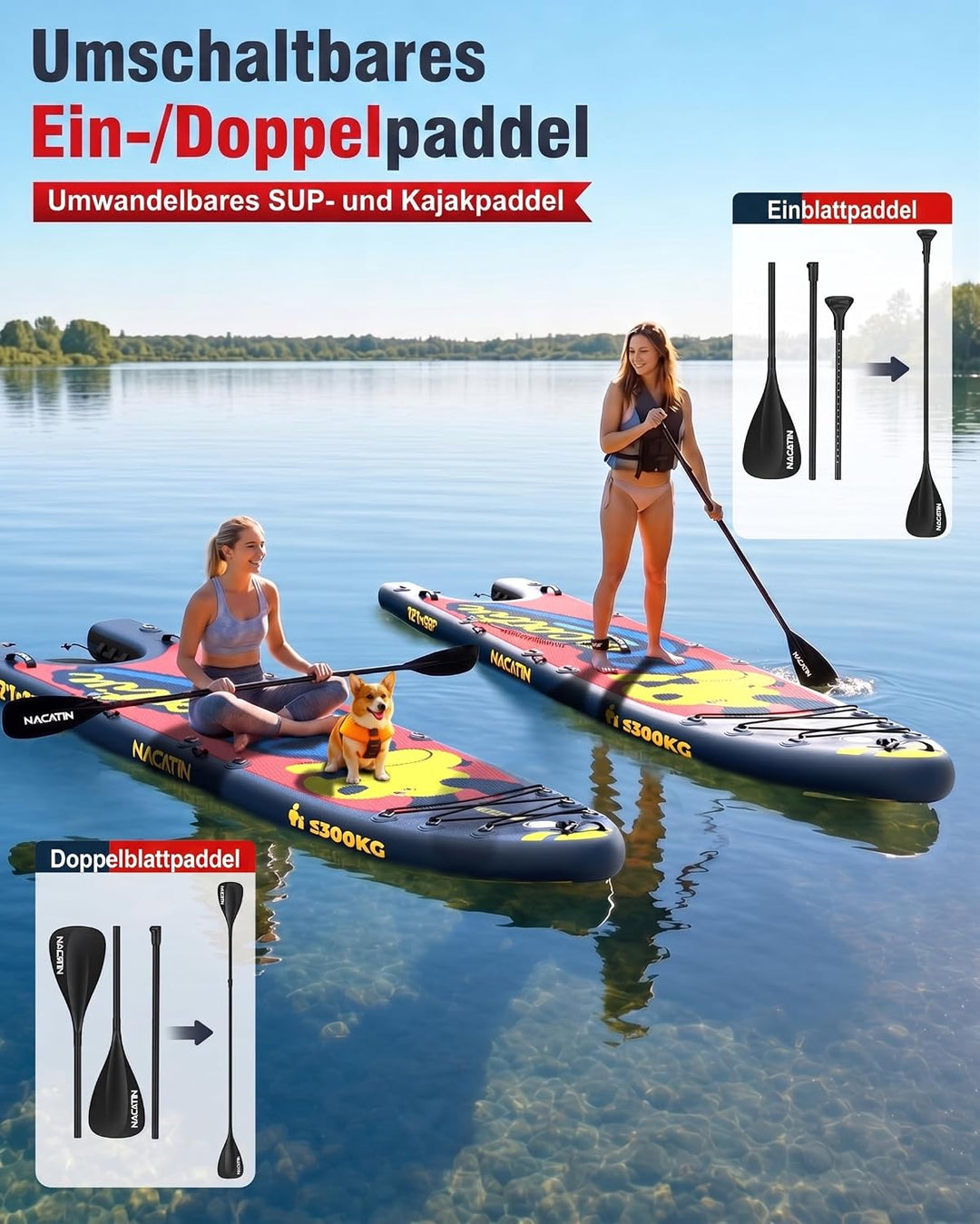 NACATIN 366cm (12ft) aufblasbares SUP Board mit Hunderampe, breites 91cm (36in) Stand Up Paddling Bo