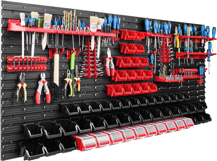 Lagersystem Werkstattregal | 172 x 78 cm | 62 stck. Box | Wandregal mit Werkzeughalterungen und Stap