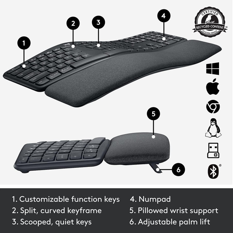 Logitech ERGO K860 - kabellose ergonomische Tastatur mit geteilter Tastenanordnung, UK QWERTY - Grap