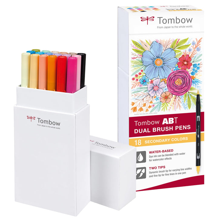 Tombow ABT-18P-2 Fasermaler Dual Brush Stift mit zwei Spitzen, 18er Set, Sekundärfarben 18er-Set Sek