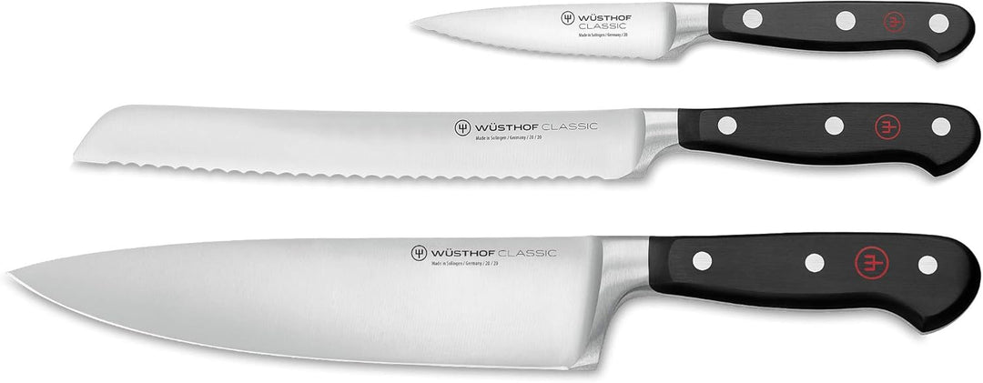 WÜSTHOF Classic Messersatz mit 3 Messern, Schwarz,silber Koch-, Brot- und Gemüsemesser, Koch-, Brot-