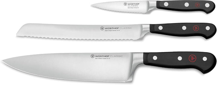 WÜSTHOF Classic Messersatz mit 3 Messern, Schwarz,silber Koch-, Brot- und Gemüsemesser, Koch-, Brot-