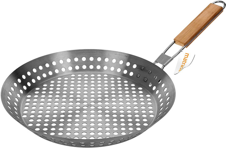 Grillpfanne gelocht - aus Edelstahl mit klappbarem Holzgriff - Ø 30 cm - BBQ Pfanne