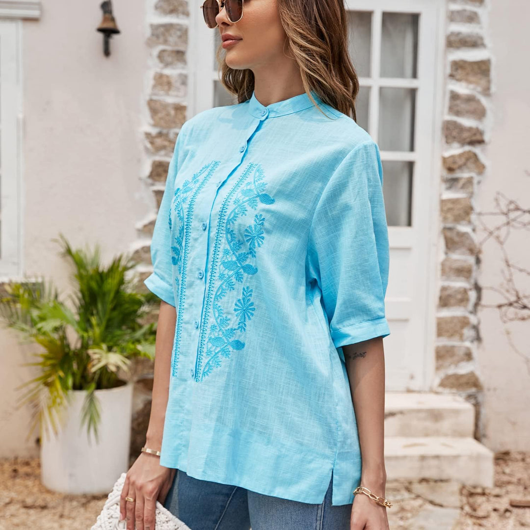 Seasonal Sommer Hippie Tunika Stickerei Damen Blusen Folklore Kurzarm Hemd Freizeit Button-down Ober